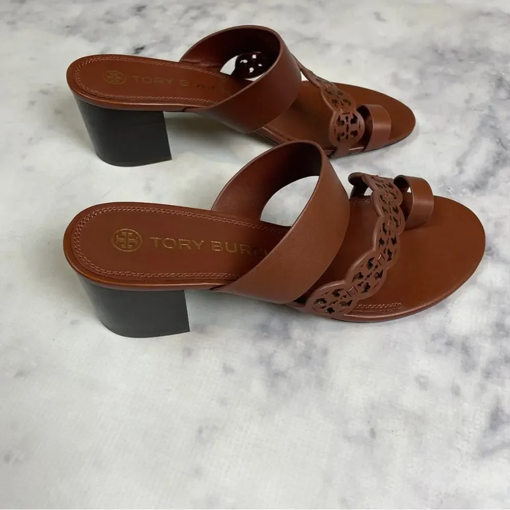Tory Burch Tiny Miller Toe Ring Laser Cut Sandals Block Heel Slides NWOB Sz 10
